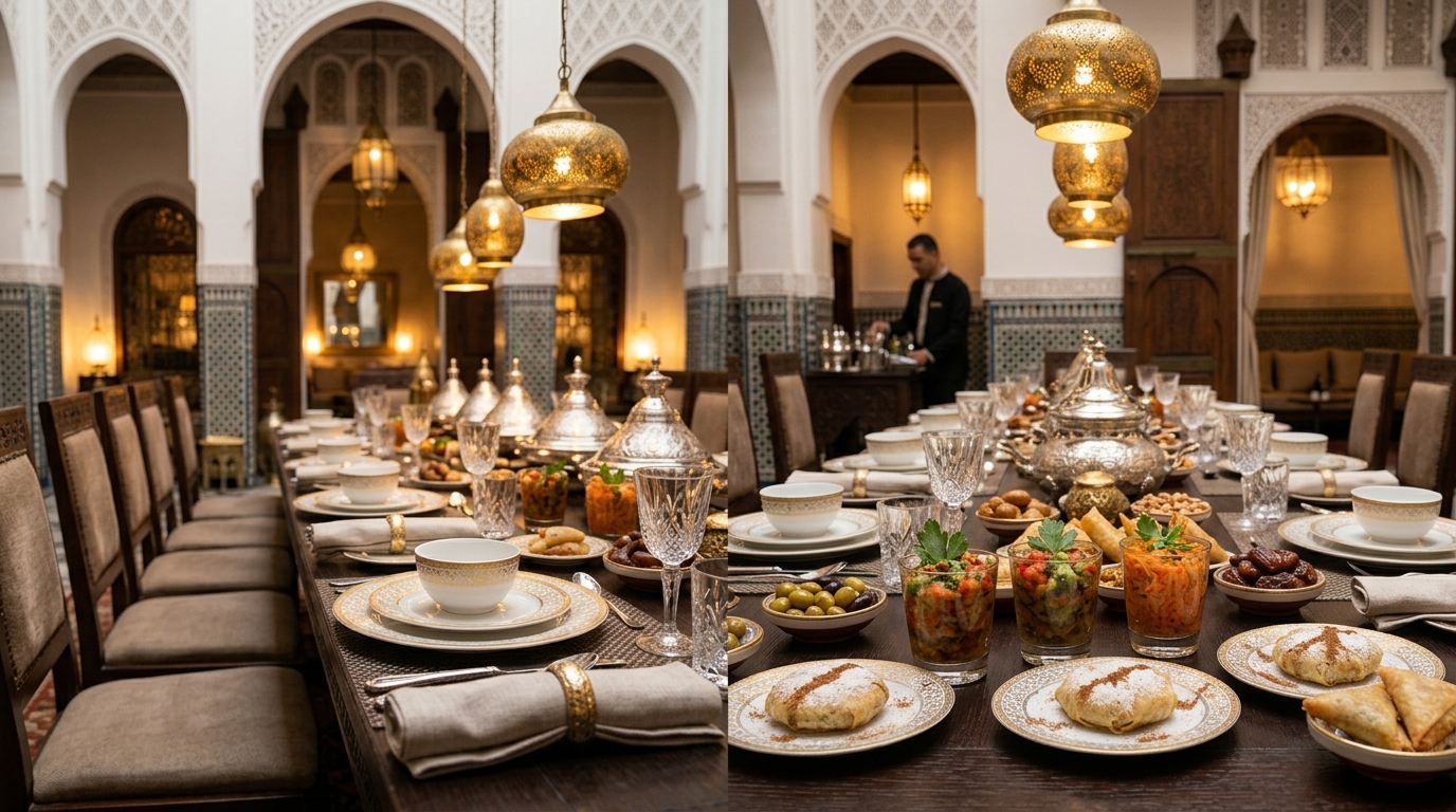 Table marocaine dressée pour une réception, plats à partager Mi Aïcha